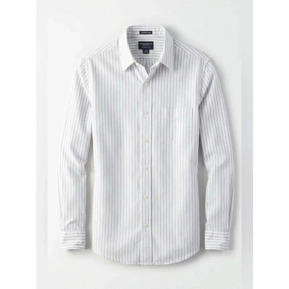 AEO VINTAGE SLIM FIT WHITE W STRIPES XS LS SHIRT